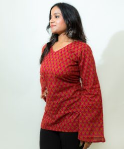 Maya – Red Floral V-Neck Corset Back Short Kurti - Image 4