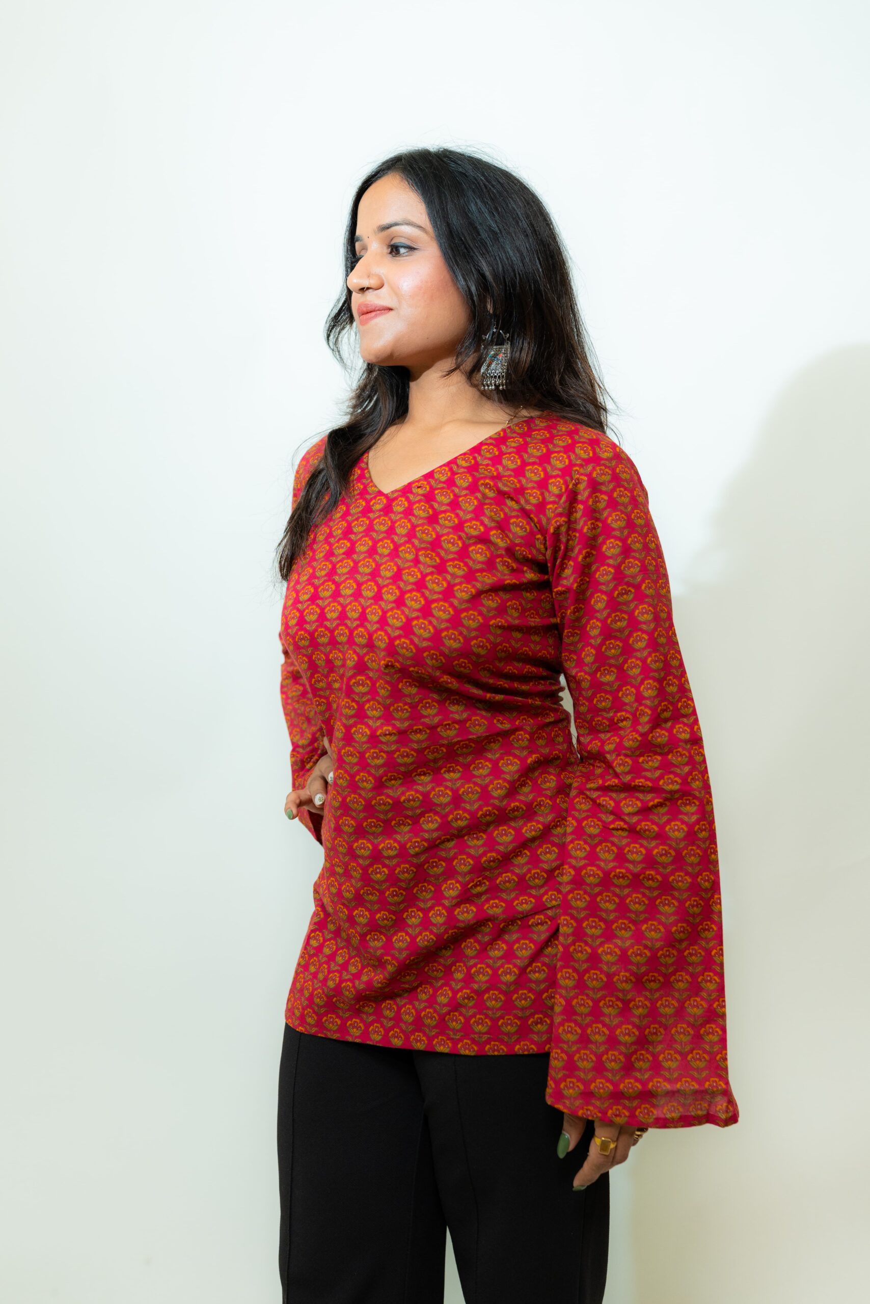 Maya – Red Floral V-Neck Corset Back Short Kurti - Image 4