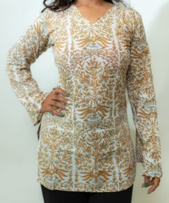 Ira - Ivory Floral Printed V-Neck Cotton Short Kurti with Corset Tie Back - Image 4