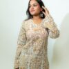 Ira - Ivory Floral Printed V-Neck Cotton Short Kurti with Corset Tie Back