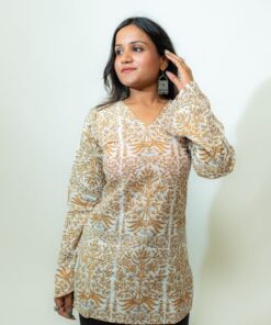 Ira - Ivory Floral Printed V-Neck Cotton Short Kurti with Corset Tie Back